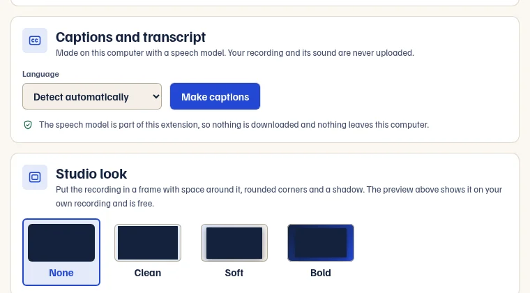 The Captions and transcript card with a language picker and a Make captions button, and the Studio look choices None, Clean, Soft and Bold