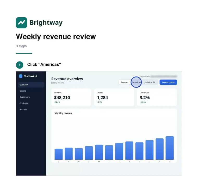 The top of the guide as a PDF page with a Brightway logo, the title Weekly revenue review, 9 steps and step 1 with its picture