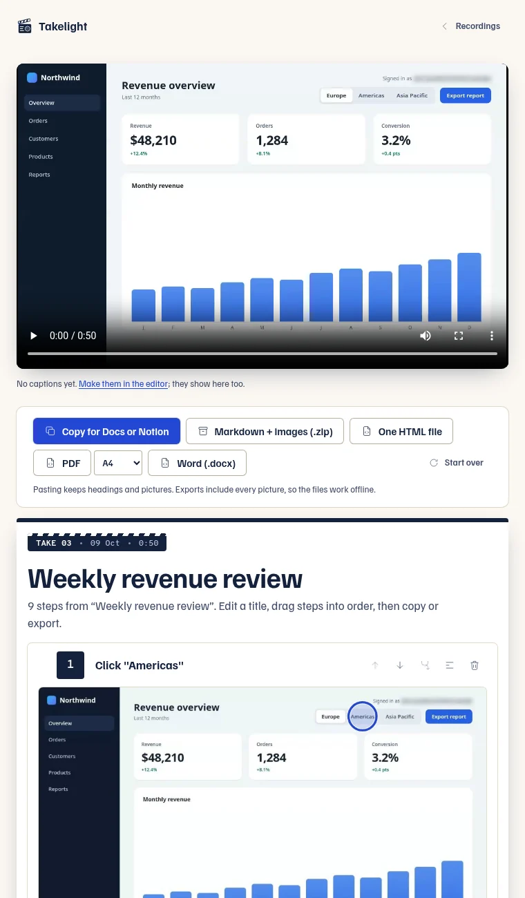 The guide page: the recording with its player, export buttons for Docs or Notion, a zip, one HTML file, PDF and Word, then the title Weekly revenue review, 9 steps, and step 1 Click Americas