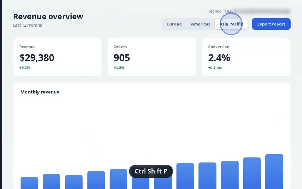 A frame from a recording of a dashboard: a blue ring at the click on Asia Pacific and a Ctrl Shift P key label at the bottom